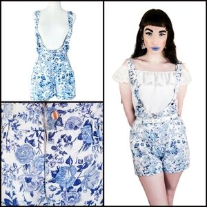 Vintage 1990s Denim Underbust Blue Floral Overall Shorts Cottagecore Romper